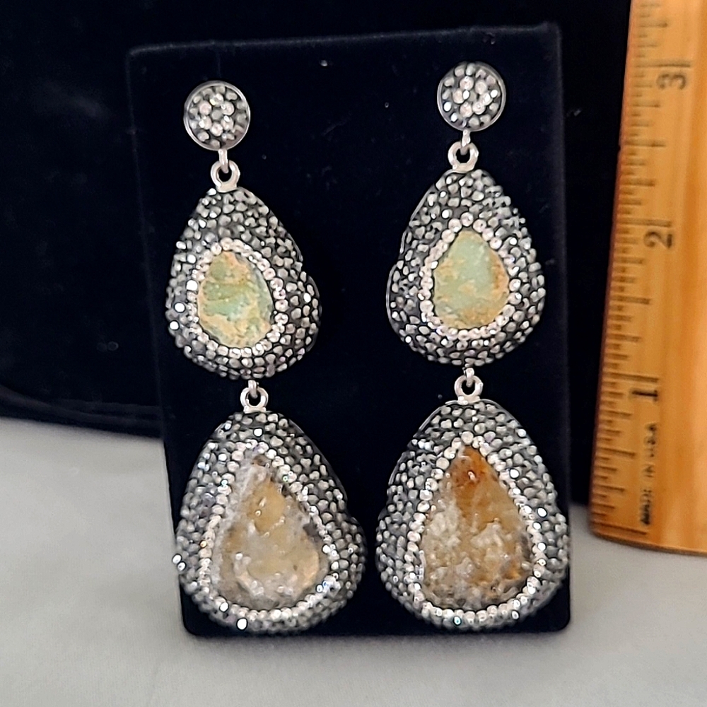 Genuine Green Turquoise & Natural Druzy Quartz Double Glamorous Earrings